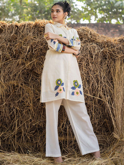 Dhiyona IE Floral Printed Shirt Collar Pure Cotton Tunic With Trouser
