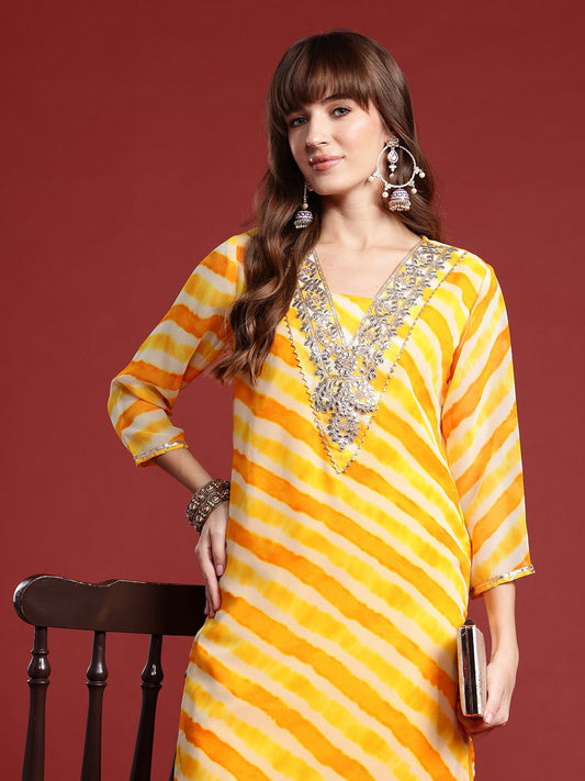 Dhiyona IE Leheriya Printed Gotta Patti Georgette Kurta