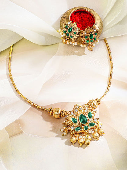 Dhiyona RJ Women's 22K Gold Plated 2 In 1 Lotus Motif Ruby & Emerald Stone Studded Jewellery Set