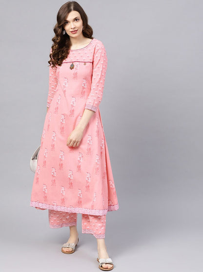 Dhiyona IS Women's Floral Printed Beads and Stones Pure Cotton Kurta with Palazzos