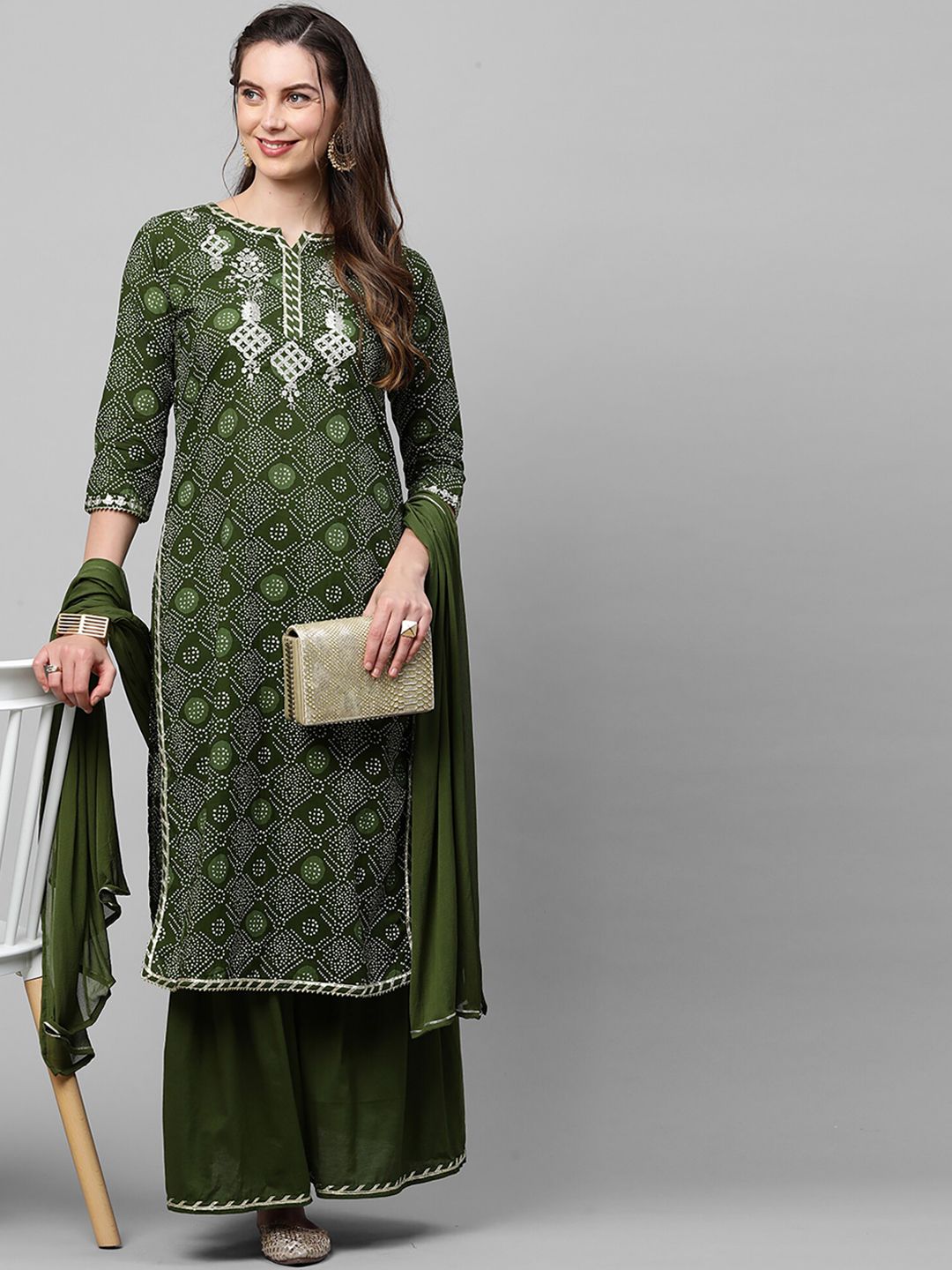 Women Green Bandhani Printed Regular Thread Work Kurta with Sharara & With Dupatta