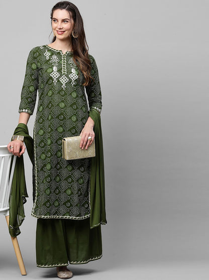 Women Green Bandhani Printed Regular Thread Work Kurta with Sharara & With Dupatta