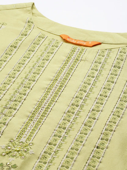 Dhiyona IE Women Green Floral Printed Liva Kurta with Palazzos & With Dupatta
