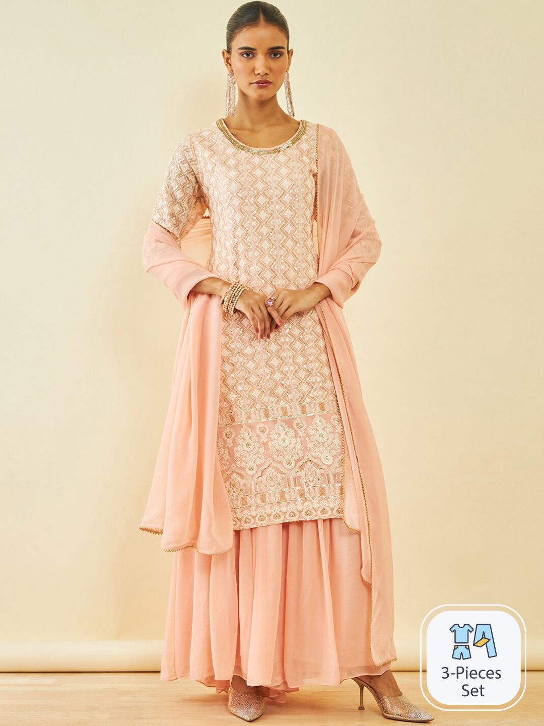Dhiyona SO Women's Ethnic Motifs Embroidered Sequinned Kurta With Sharara & Dupatta