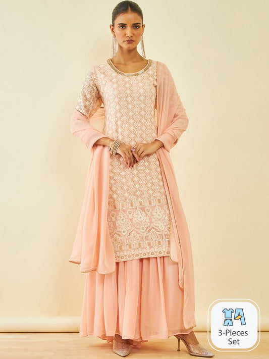 Dhiyona SO Women's Ethnic Motifs Embroidered Sequinned Kurta With Sharara & Dupatta