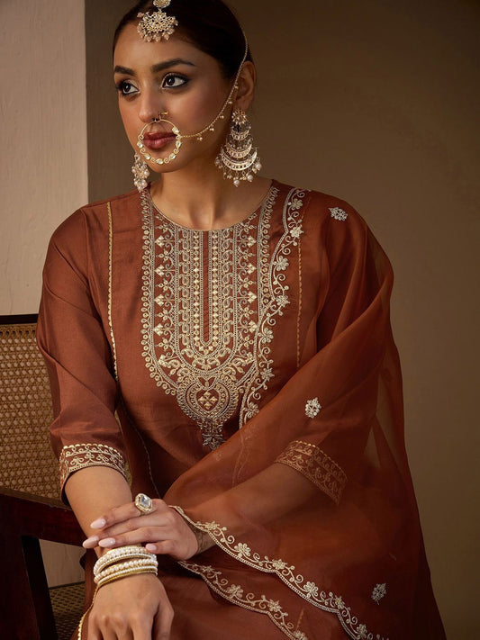 Dhiyona IE Women Ethnic Motifs Embroidered Regular Liva Kurta with Trousers & With Dupatta