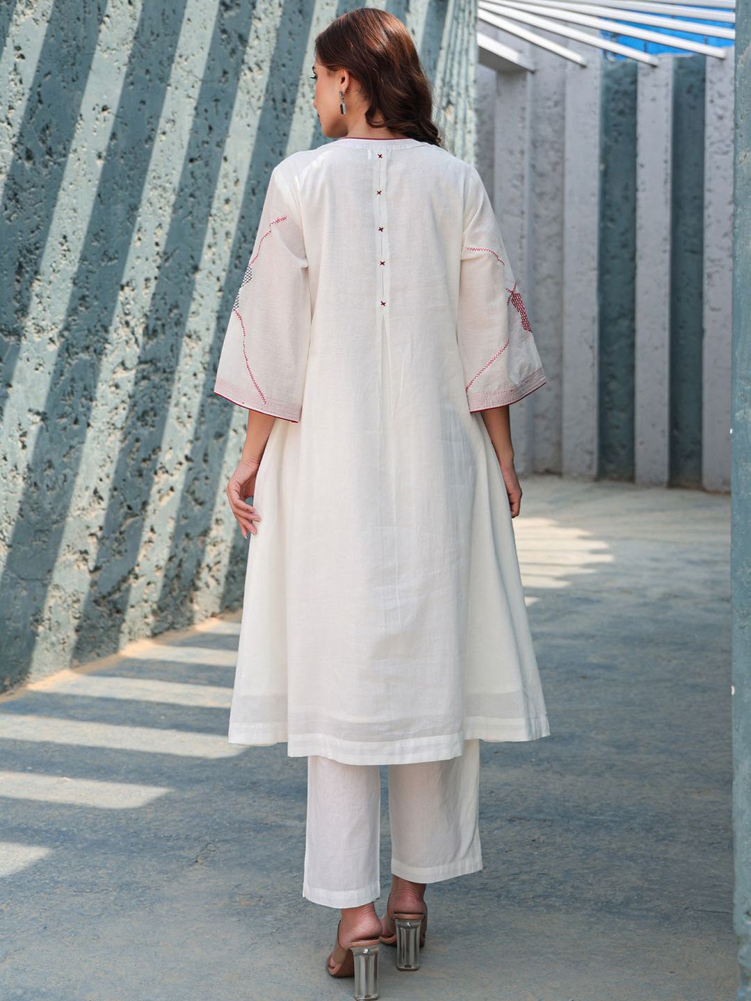 Floral Embroidered Mirror Work Tie-Up Neck Pure Cotton A-Line Kurta With Trousers