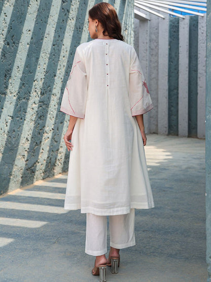 Floral Embroidered Mirror Work Tie-Up Neck Pure Cotton A-Line Kurta With Trousers