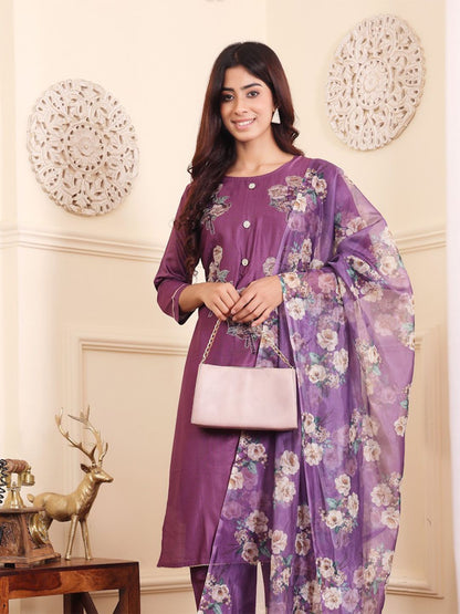 Dhiyona VA Women's Floral Printed Regular Beads and Stones Kurta with Trouser & Dupatta