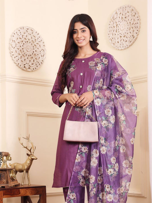 Dhiyona VA Women's Floral Printed Regular Beads and Stones Kurta with Trouser & Dupatta