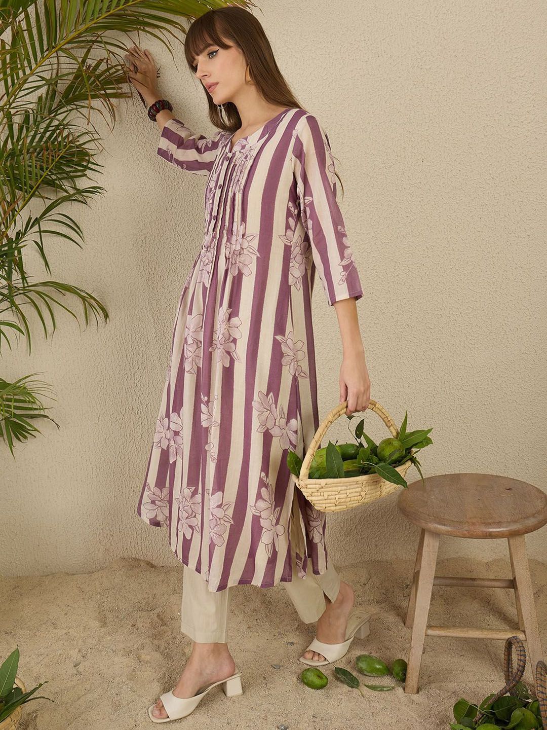 Floral Screen Printed Notch Neck A-Line Pure Cotton Kurta With Trousers