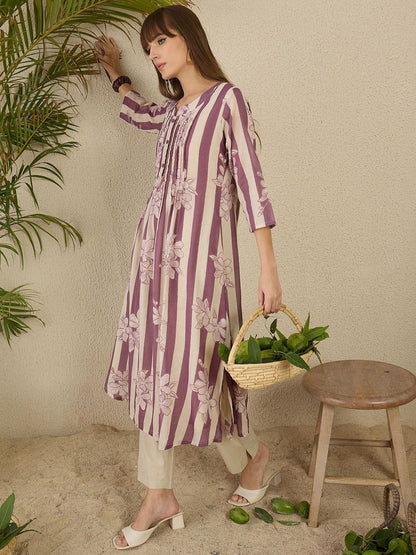 Floral Screen Printed Notch Neck A-Line Pure Cotton Kurta With Trousers