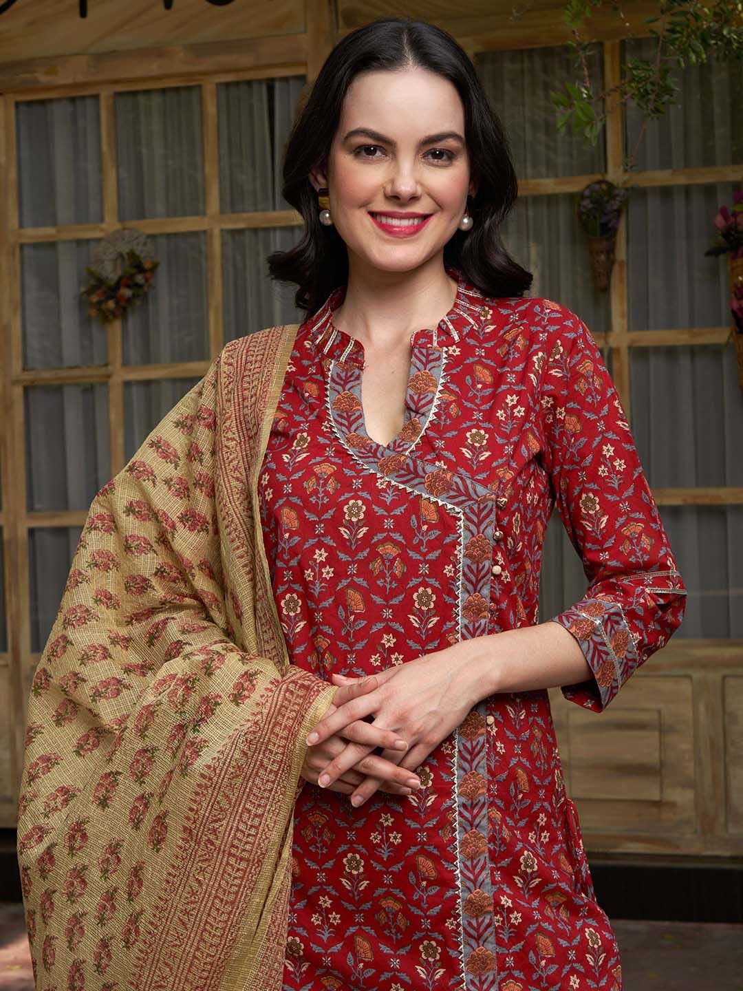 Dhiyona SN Women's Maroon Floral Printed Angrakha Pure Cotton Kurta with Trousers & Dupatta