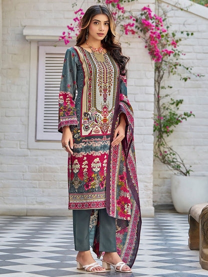 Dhiyona VA Women's Printed Regular Beads and Stones Kurta with Trousers & With Dupatta