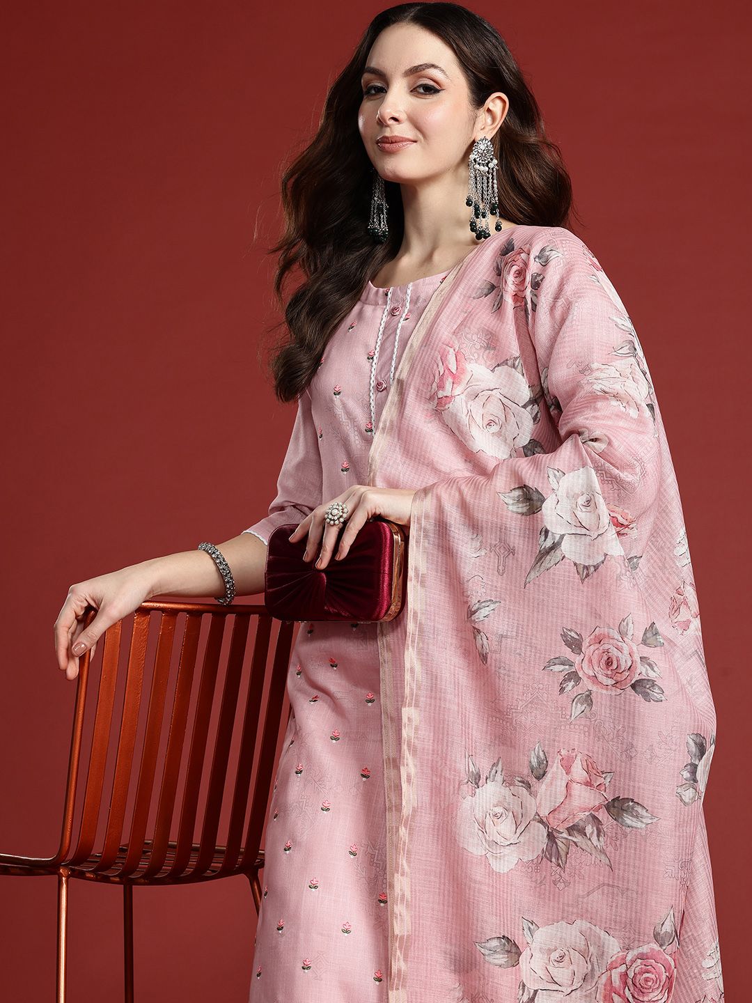 Dhiyona IE Floral Embroidered Thread Work Linen Kurta with Trousers & With Dupatta