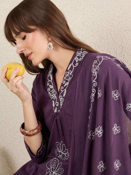 Dhiyona IE Women Solid Embroidered Cotton Kurta with Trousers & Dupatta