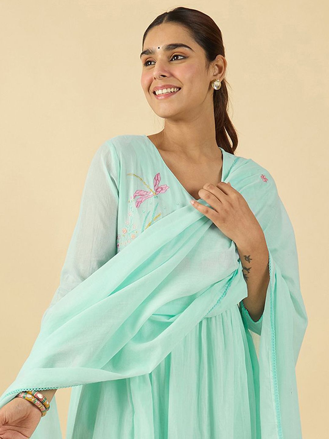 Women Floral Embroidered Cotton Kurta with Trousers & Dupatta