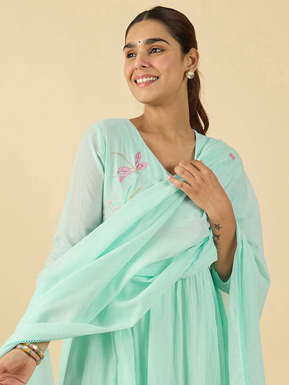 Women Floral Embroidered Cotton Kurta with Trousers & Dupatta