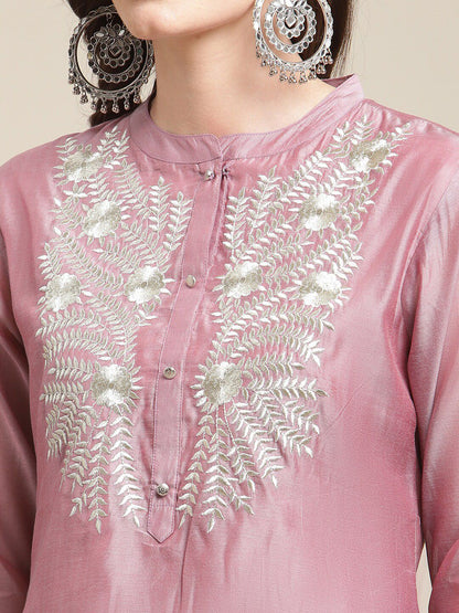 Dhiyona VA Women's Mauve Floral & Peach Yoke Design Chanderi Silk Kurta Set