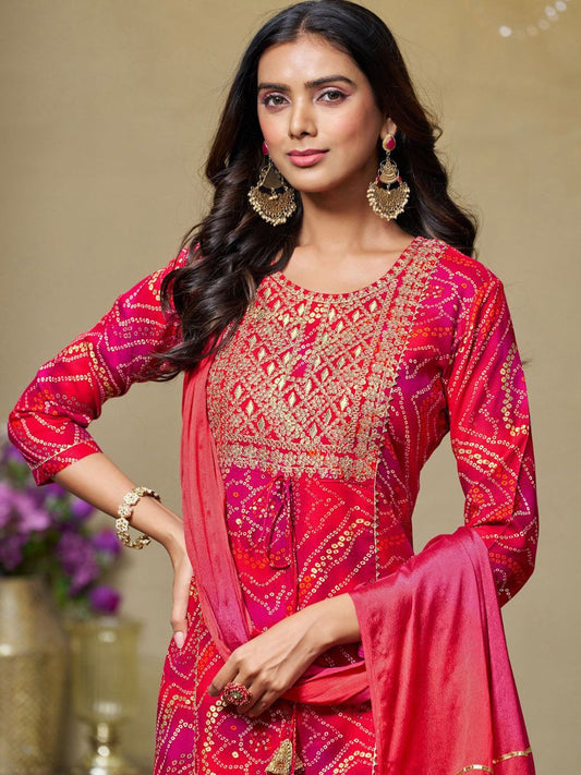 Dhiyona SN Women's Bandhani Printed Sequinned Kurta with Palazzo & Dupatta