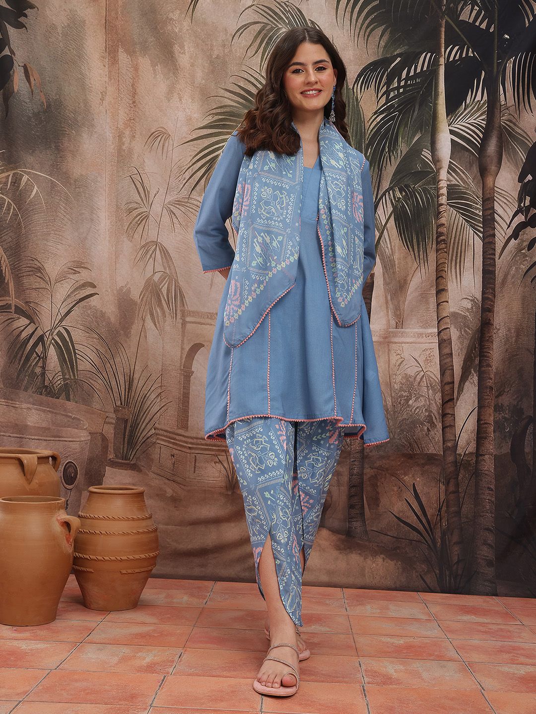 Dhiyona SN Women's Panelled Gotta Patti Pure Cotton Kurta With Dhoti Pants & Scarf