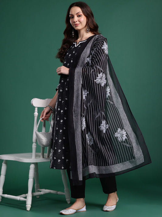 Dhiyona IE Ethnic Motifs Printed Pure Cotton Kurta with Trousers & With Dupatta