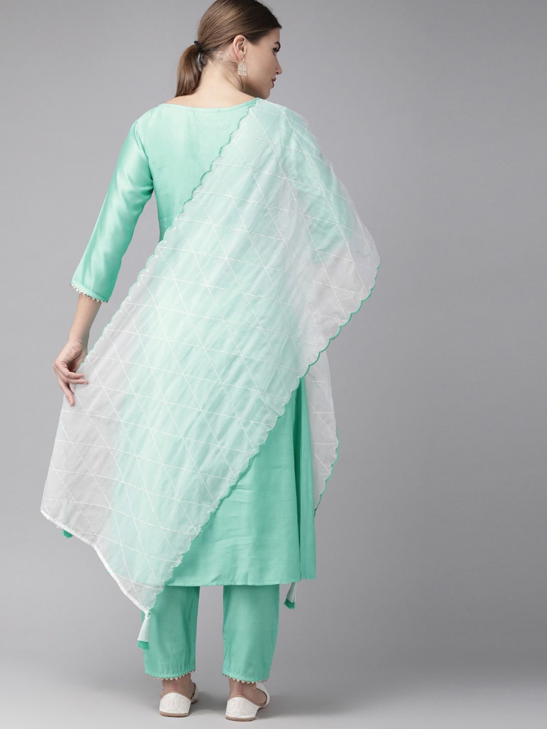 Women Sea Green & Beige Embroidered Kurta with Trousers & Dupatta