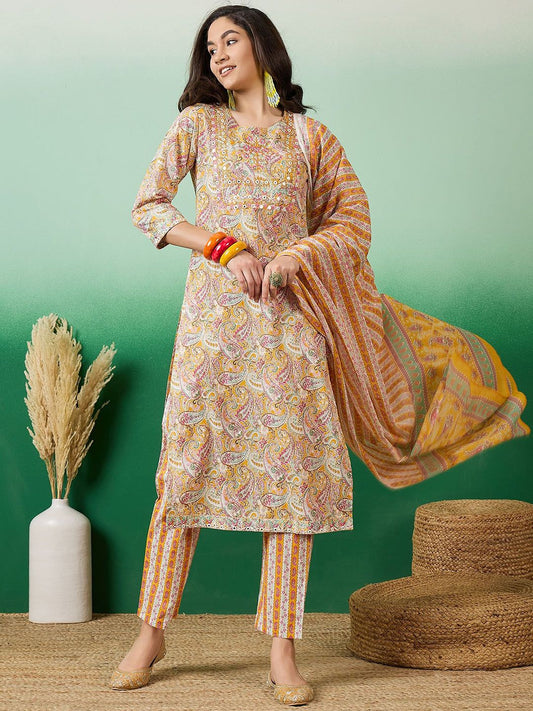 Dhiyona SN Women's Mustard Yellow Printed Pure Cotton Straight Kurta With Trousers & Dupatta