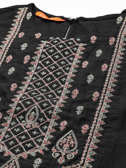 Dhiyona IE Women Black Ethnic Motifs Embroidered Yoke Design Kurta with Trousers & Dupatta