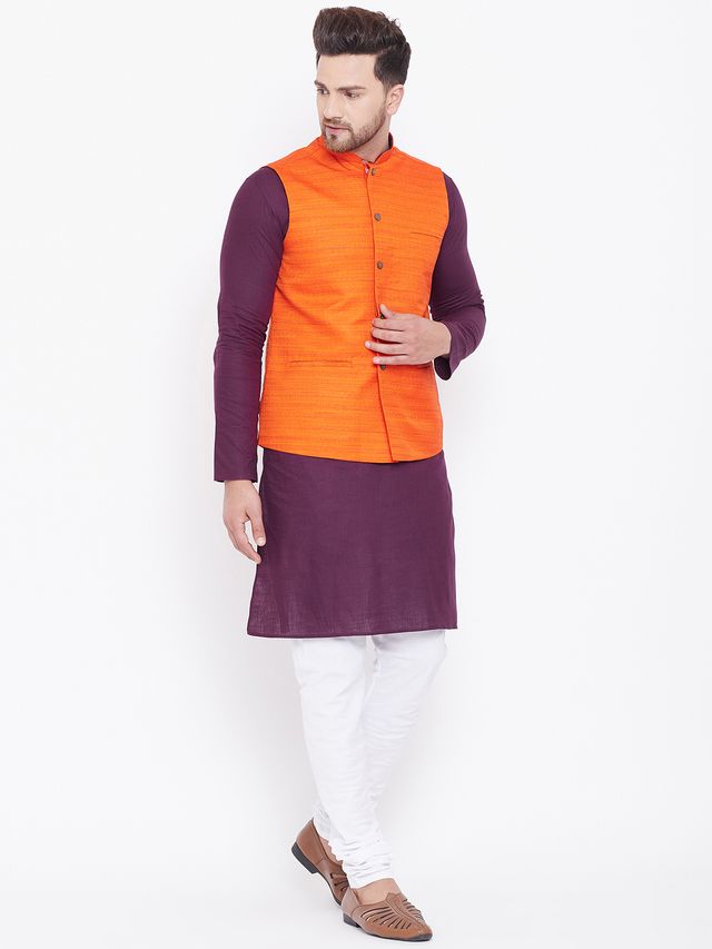 Men's Purple Cotton Blend Straight Jacket  Kurta and Pyjama Set