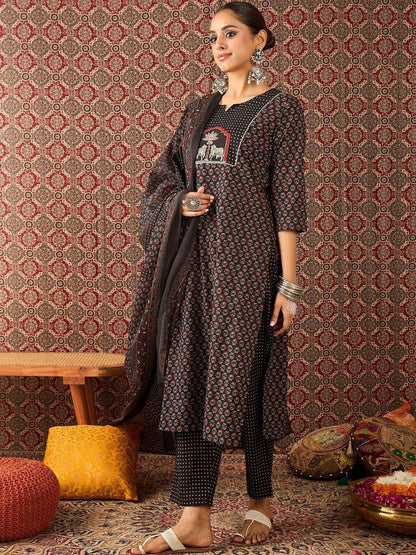 Women Ethnic Motifs Printed Regular Thread Work Pure Cotton Kurta with Trousers & With Dupatta