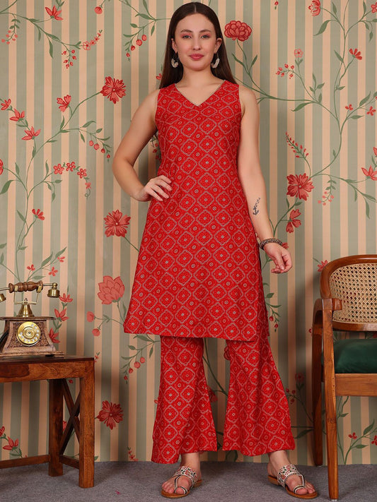 Dhiyona OD  Bandhani Printed V-Neck Gotta Patti Straight Kurta with Trousers