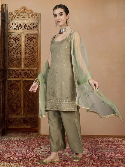 Dhiyona PD Women Floral Embroidered Thread Work Kurta With Palazzos And Dupatta