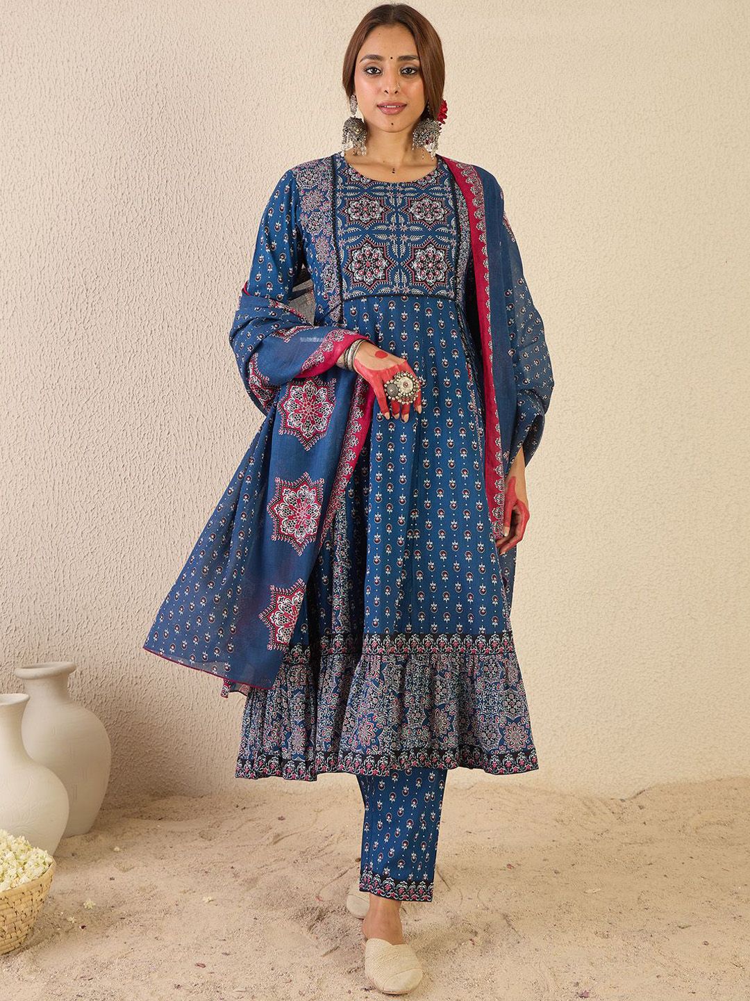Ethnic Motifs Printed A Line Pure Cotton Kurta With Trousers & Dupatta