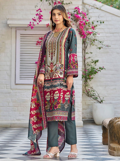 Dhiyona VA Women's Printed Regular Beads and Stones Kurta with Trousers & With Dupatta