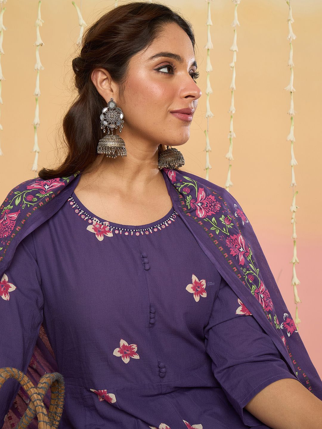 Dhiyona IE Floral Printed Round Neck Pure Cotton Anarkali With Trousers & Dupatta