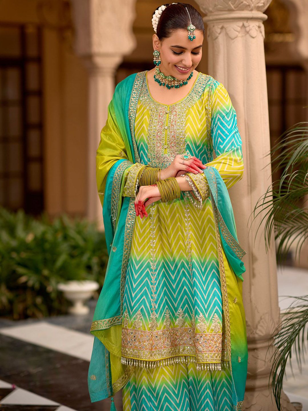Dhiyona IE Floral Embroidered Sequinned Chinon A-line Kurta With Palazzos & Dupatta