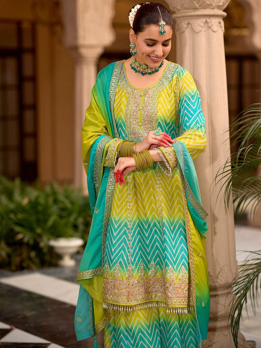 Floral Embroidered Sequinned Chinon A-line Kurta With Palazzos & Dupatta