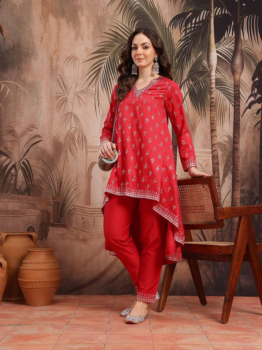 Dhiyona SN Women's Ethnic Motifs Printed with Foil Technique Regular Kurta with Trousers