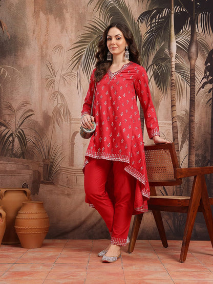 Dhiyona SN Women's Ethnic Motifs Printed with Foil Technique Regular Kurta with Trousers