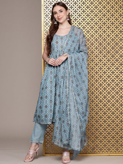Dhiyona PD Women Jashn Ethnic Motifs Printed Pleated Kurta with Trousers & Dupatta