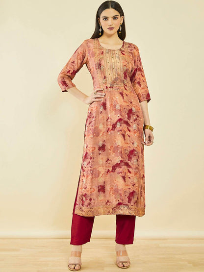 Dhiyona SO Women's Abstract Printed Regular Beads And Stones Kurta With Trousers & Dupatta