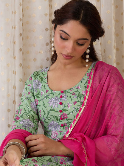 Dhiyona IE Floral Printed V-Neck Pure Cotton A-Line Kurta & Trousers With Dupatta