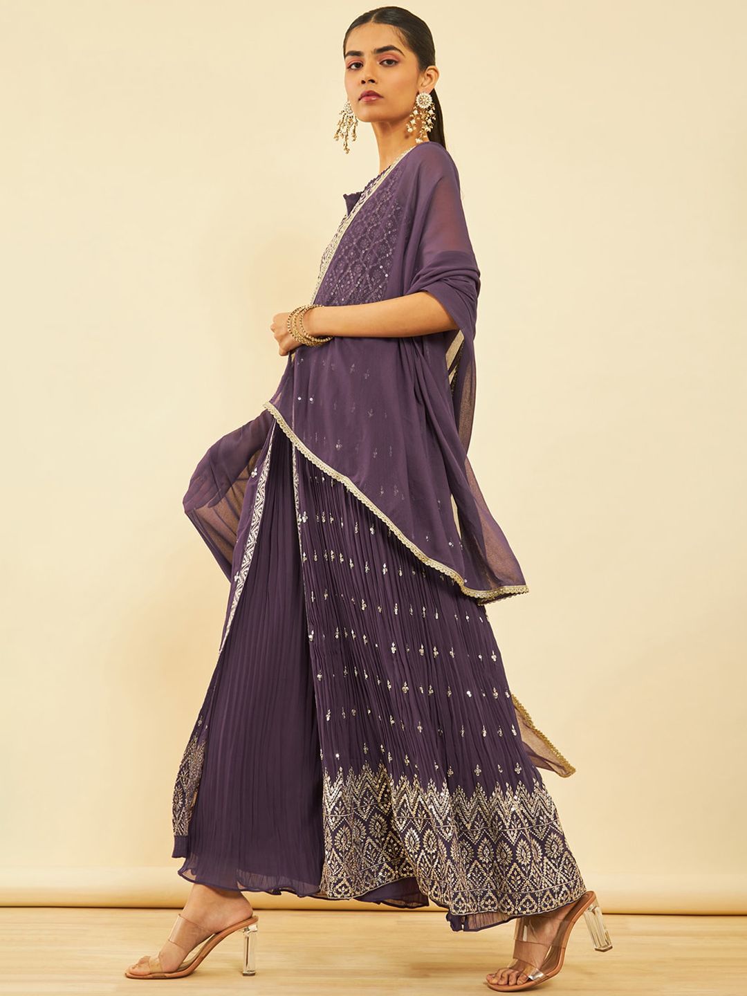 Dhiyona SO Women's Ethnic Motifs Embroidered Sequinned Georgette Kurta with Palazzos & Dupatta