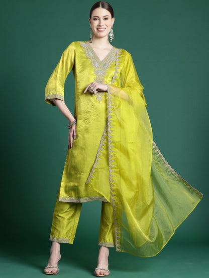 Dhiyona IE Women Ethnic Motifs Embroidered Regular Kurta with Trousers & With Dupatta