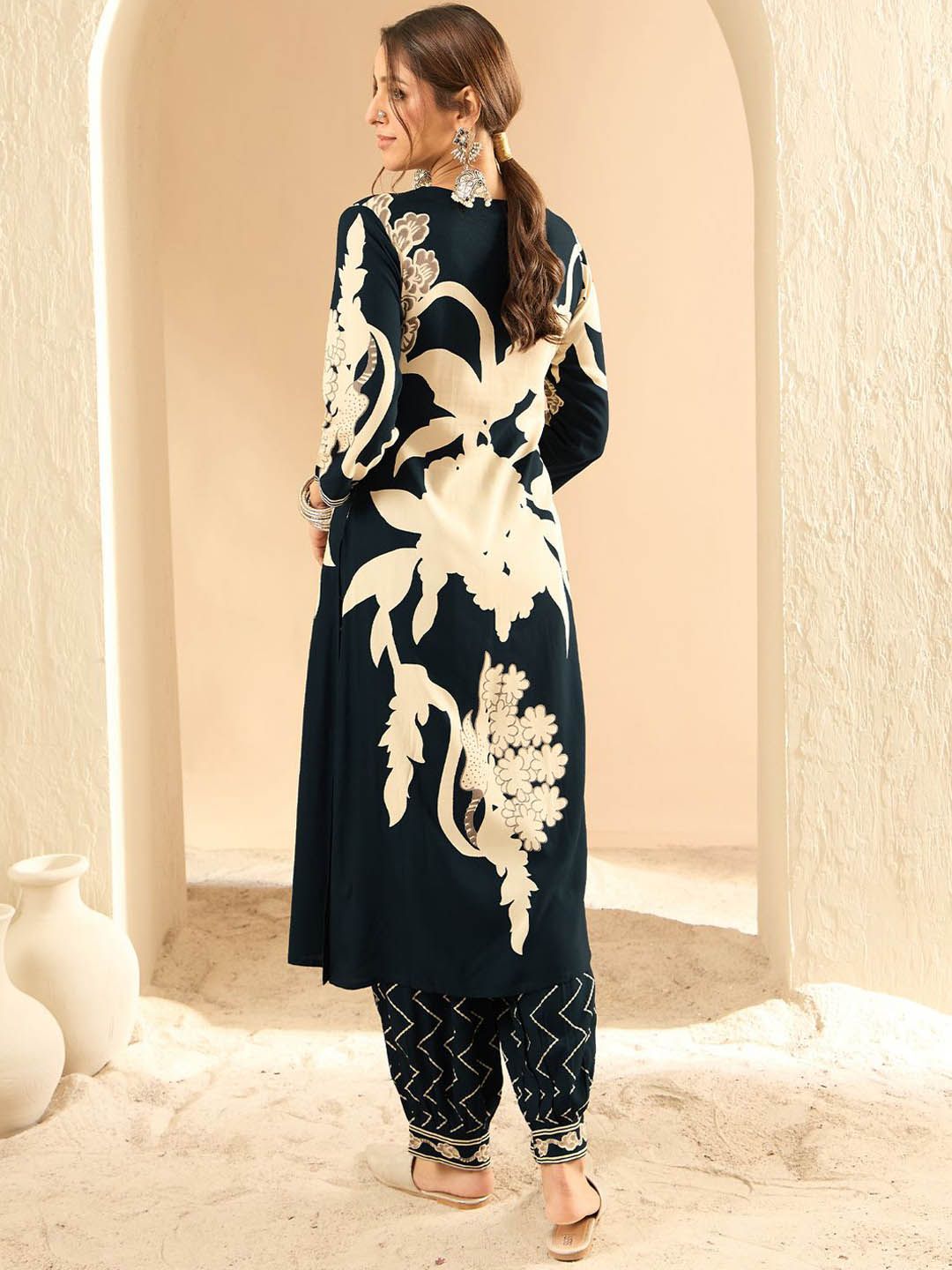 Floral Printed V-Neck Beads and Stones Screen Technique Kurta With Salwar