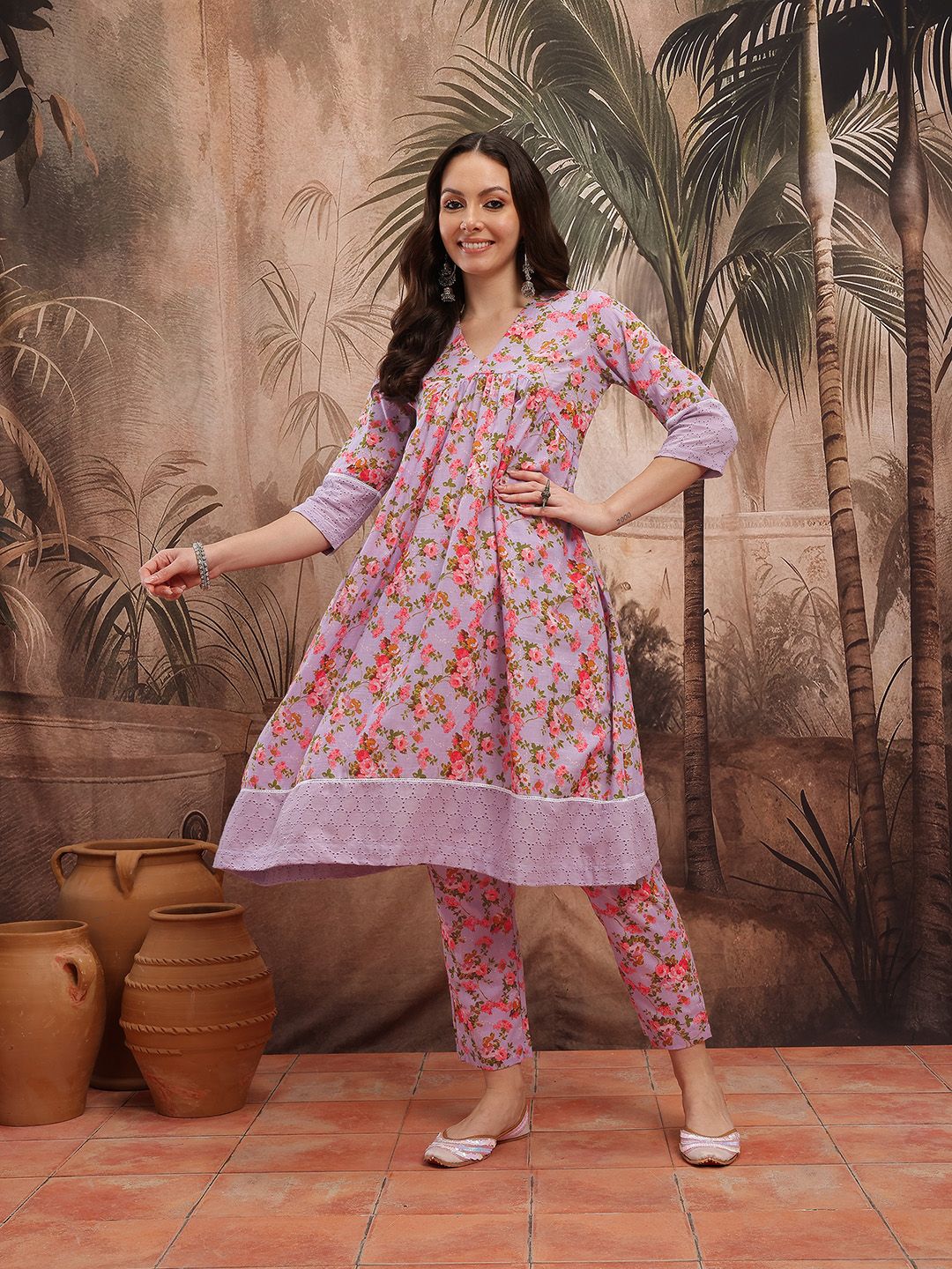 Dhiyona SN Women's Floral Print Empire Lace Insert Detail Pure Cotton A-Line Kurta with Trousers