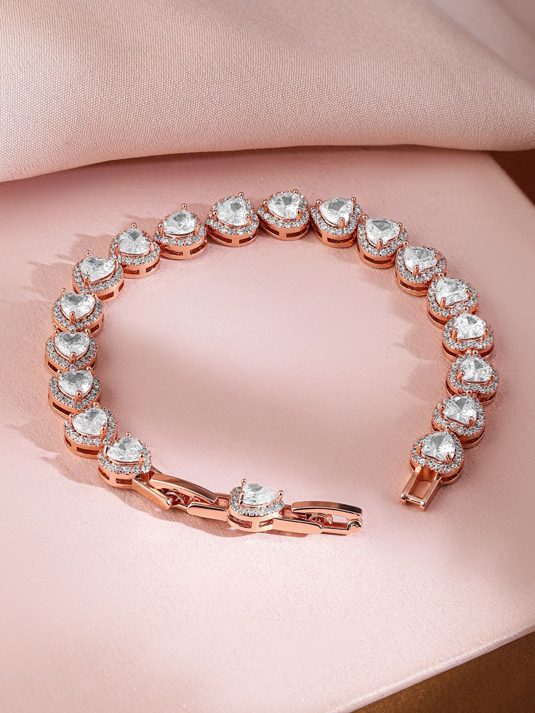 Dhiyona RJ Women's 18K Rose Gold Plated AAA Cubic Zirconia Studded Heart Tennis Bracelet
