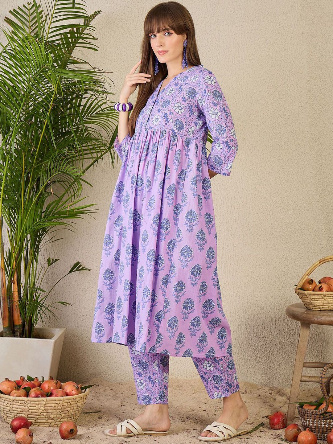 Dhiyona IE Women's Adults-Women Floral Printed Cotton A-Line Kurta with Trousers