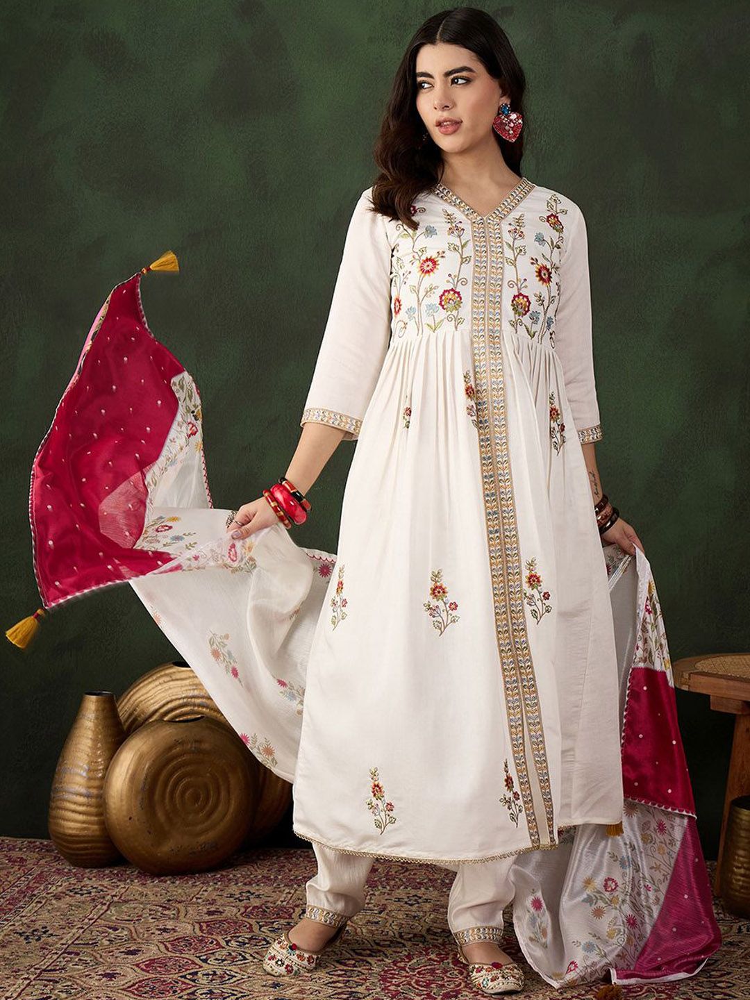 Dhiyona SN Women's Off White Floral Embroidered Thread Work A-Line Kurta With Trouser & Dupatta
